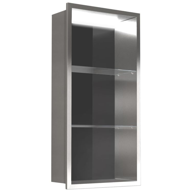 Półka łazienkowa wnękowa do zabudowy 32,5x89,7x10 cm ze stali nierdzewnej lakierowanej proszkowo z oświetleniem LED i szkłem w tylnej części MCJ PWNP900/10LEDLA