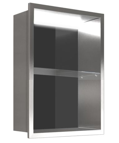 Przejdź do produktu Półka łazienkowa wnękowa do zabudowy 32,5x59,7x10 cm ze stali nierdzewnej z oświetleniem LED kołnierz typu Flat MCJ F.PWNP LED 600/10