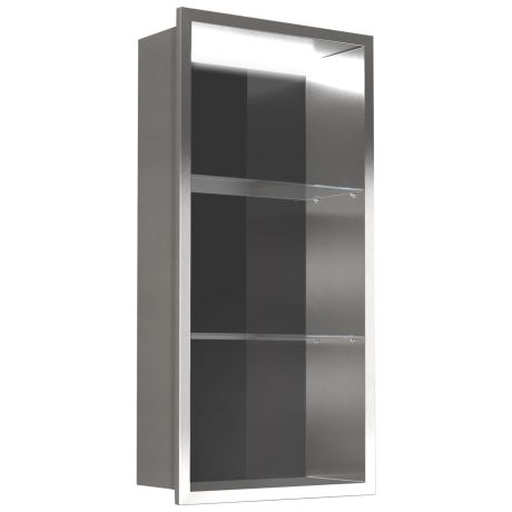 Przejdź do produktu Półka łazienkowa wnękowa do zabudowy 32,5x89,7x10 cm ze stali nierdzewnej z oświetleniem LED kołnierz typu Flat MCJ F.PWNP LED 900/10