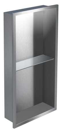 Przejdź do produktu Półka łazienkowa wnękowa do zabudowy 32,5x62,3x15 cm ze stali nierdzewnej ze szklanymi półkami kołnierz typu Flat MCJ F. PWNP 600/15