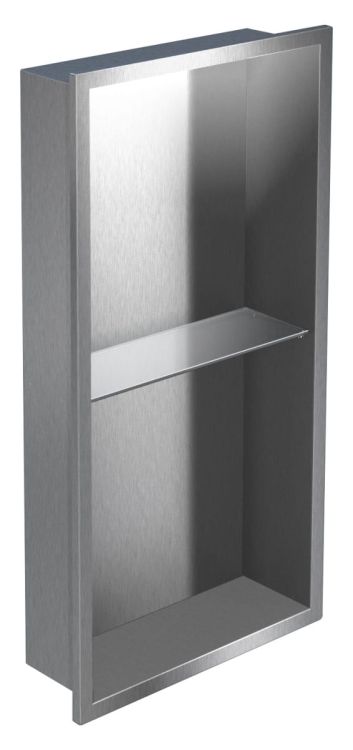 Półka łazienkowa wnękowa do zabudowy 32,5x62,3x15 cm ze stali nierdzewnej ze szklanymi półkami MCJ PWNP600/15
