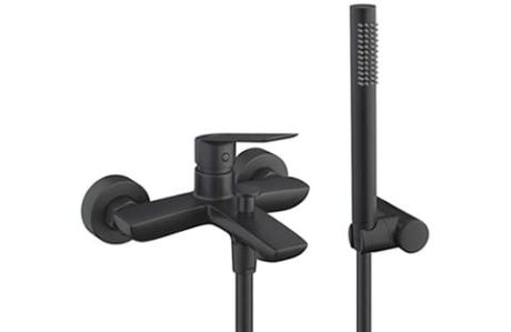 Przejdź do produktu Bateria prysznicowo-wannowa 19x11 cm z rączką prysznicową i wężem kompletna Demm Sleek 9900 czarny mat