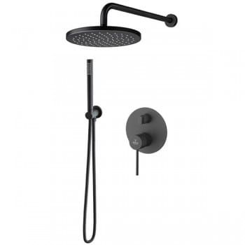 Przejdź do produktu Zestaw natryskowy z deszczownicą 25 cm, baterią podtynkową z przełącznikiem i rączką prysznicową Demm Spike 68ZES25 czarny mat