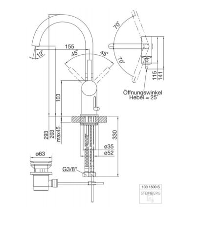 Przejdź do produktu Bateria umywalkowa stojąca 29,3 cm z korkiem Steinberg 100 1500S czarny mat