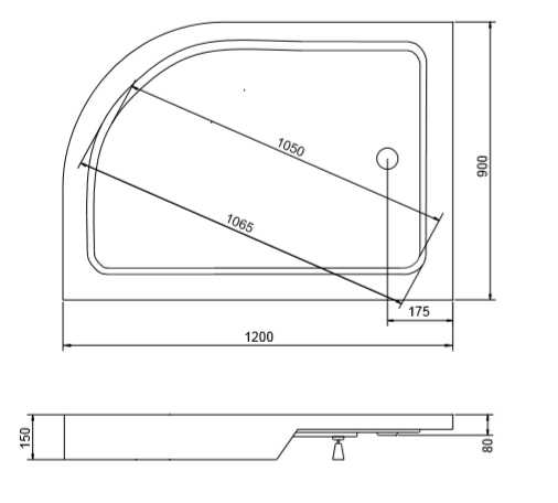 Brodzik półokrągły asymetryczny kompaktowy 120x80x4 cm Besco Saturn 120 rys. tech.
