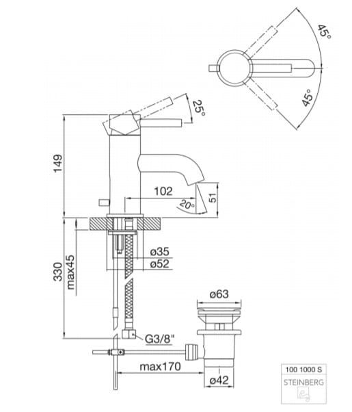 Bateria umywalkowa stojąca 14,9 cm z korkiem Steinberg 100 1000S czarny mat