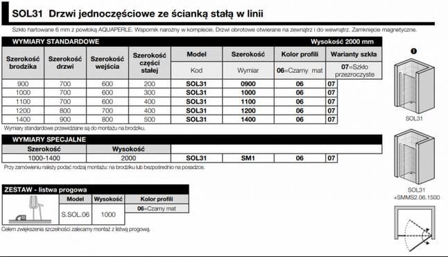 Drzwi prysznicowe jednoczęściowe ze ścianką stałą w linii SanSwiss Solino SOL31 rys. tech.