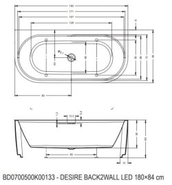 Wanna wolnostojąca przyścienna 180x84 cm z podświetleniem LED Riho DESIRE BACK2WALL LED B089002005 biały