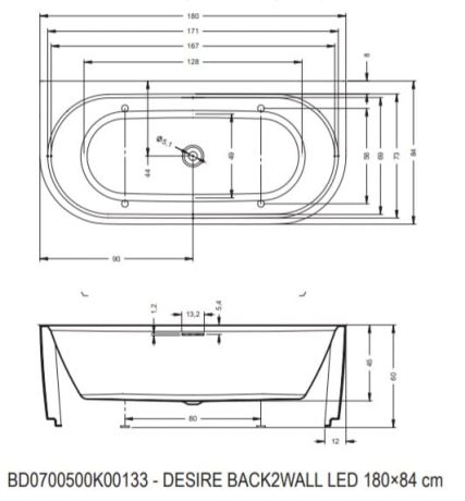 Przejdź do produktu Wanna wolnostojąca przyścienna 180x84 cm z podświetleniem LED Riho DESIRE BACK2WALL LED B089002005 biały połysk