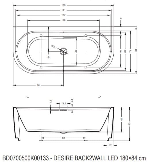 Wanna wolnostojąca przyścienna 180x84 cm z podświetleniem LED Riho DESIRE BACK2WALL LED B089002005 biały