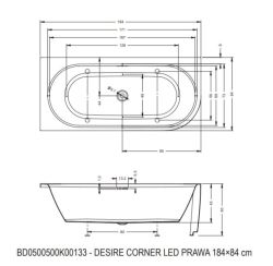 Wanna narożna 184x84 cm z podświetleniem LED Riho Desire Corner LED prawa BD0500500K00133 biały