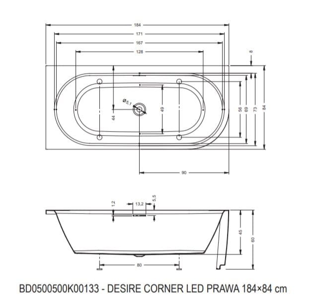 Wanna narożna 184x84 cm z podświetleniem LED Riho Desire Corner LED prawa BD0500500K00133 biały