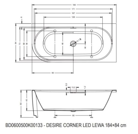 Przejdź do produktu Wanna narożna 184x84 cm z podświetleniem LED Riho Desire Corner LED lewa B088002005 biały połysk