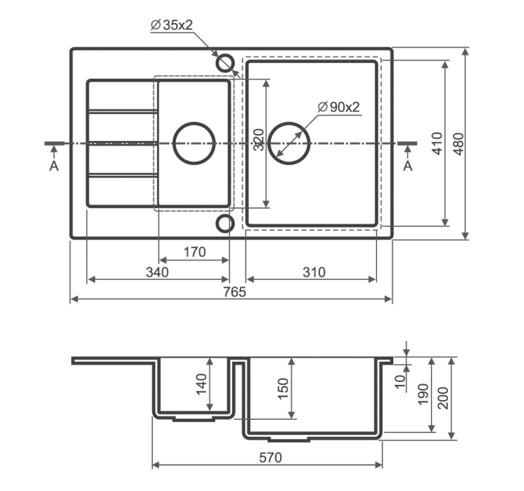Zlewozmywak granitowy 1,5-komorowy 77x48 cm z baterią kuchenną w komplecie Darfor DG013+SN05C czarny