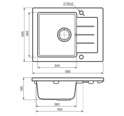 Zlewozmywak granitowy jednokomorowy 58x45 cm z baterią kuchenną Snake Darfor DG014+SN05C czarny