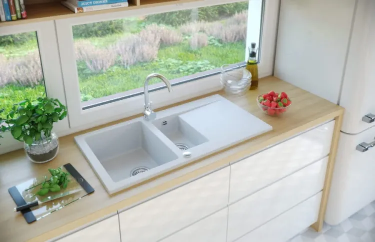 Zlewozmywak granitowy 1,5-komorowy 95x50 cm  Darfor DG005 biały - bateria ze zdjęcia nie stanowi oferty