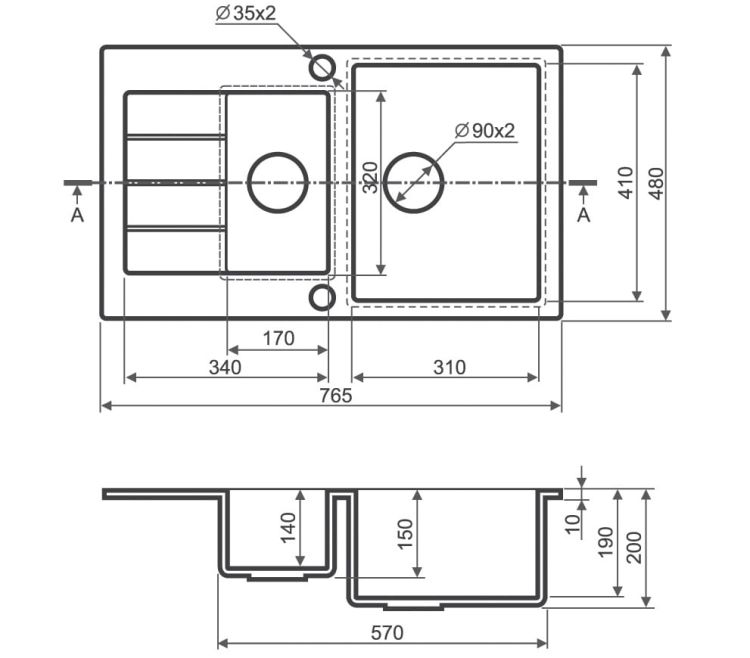 Zlewozmywak granitowy 1,5-komorowy 77x48 cm Darfor DG013 czarny nakrapiany