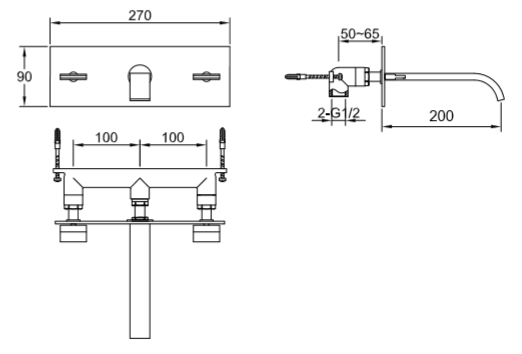 Bateria umywalkowa podtynkowa z wylewką 20 cm Kohlman Axis QW198N chrom rys. tech.
