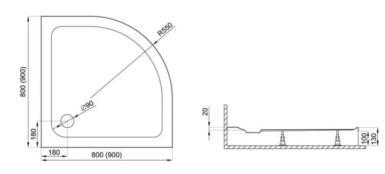 Brodzik półokrągły kompaktowy 80x80 cm Standard 2 Polimat 00787 - rysunek techniczny
