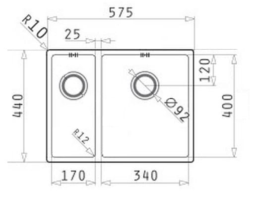 Pyramis ASTRIS zlewozmywak dwukomorowy prawy 57,5x44 cm 101030701 rysunek technicznyh