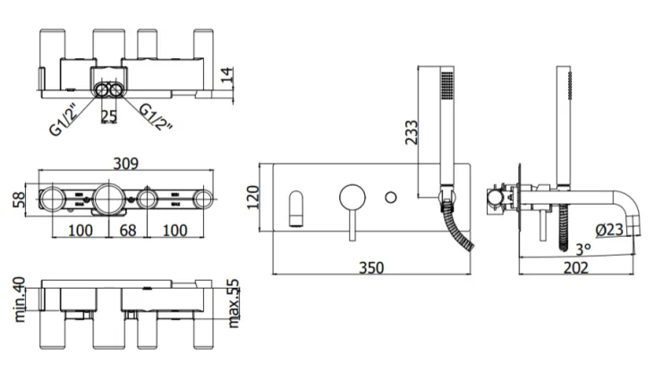 Bateria wannowo-prysznicowa podtynkowa ze słuchawką prysznicową Paffoni Light LIG001NO czarny mat