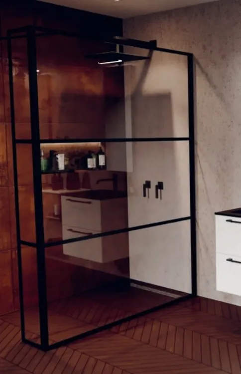 Kabina prysznicowa 90 cm walk-in z elementem stałym i czarnymi profilami Riho Grid GB402 G004037121