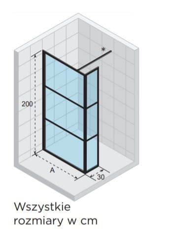 Kabina prysznicowa 120 cm walk-in z elementem stałym i czarnymi profilami Riho Grid GB402 GB4120030