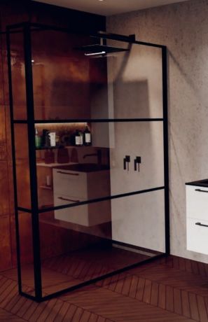 Przejdź do produktu Kabina prysznicowa 140 cm walk-in z elementem stałym i czarnymi profilami Riho Grid GB402 G004040121