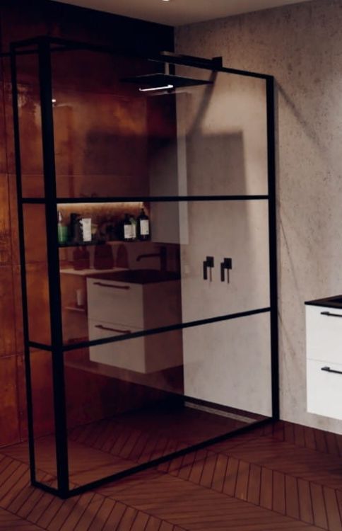 Kabina prysznicowa 140 cm walk-in z elementem stałym i czarnymi profilami Riho Grid GB402 G004040121