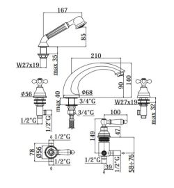 Bateria wannowa 5-otworowa Retro ze słuchawką prysznicową Paffoni Iris IRV044 chrom