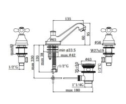 Bateria umywalkowa 3-otworowa Retro Paffoni Iris IRV058 chrom