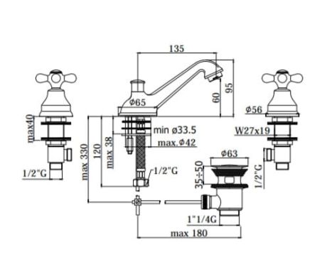 Przejdź do produktu Bateria umywalkowa 3-otworowa Retro Paffoni Iris IRV058 chrom