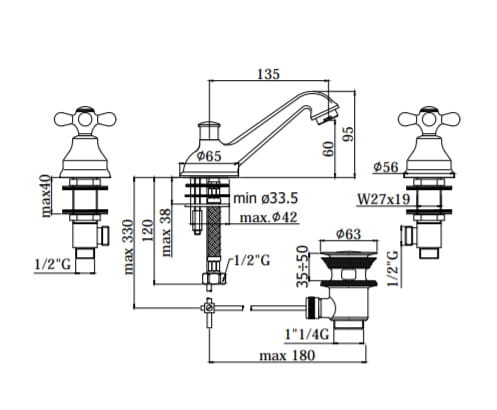 Bateria umywalkowa 3-otworowa Retro Paffoni Iris IRV058 chrom