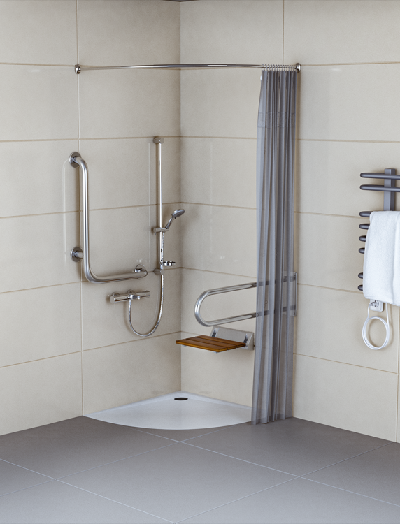 Kompletny prysznic dla niepełnosprawnych z brodzikiem i akcesoriami