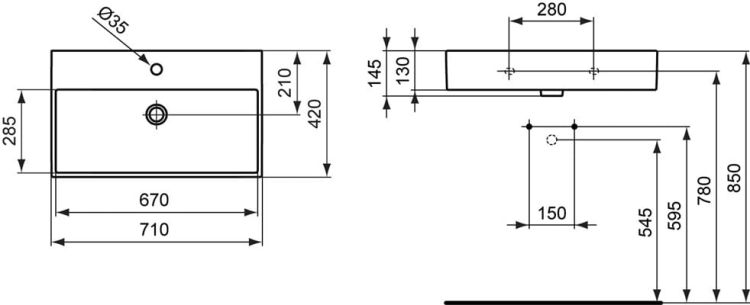 Umywalka naszafkowa 70x42 cm Ideal Standard Strada K078201 rysunek techniczny