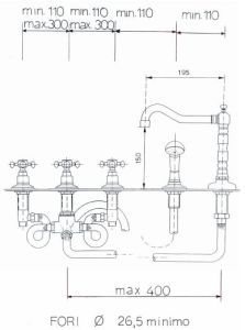 Bateria wannowa 5-otworowa wysoka Reitano Atea R388 bronzo rysunek techniczny