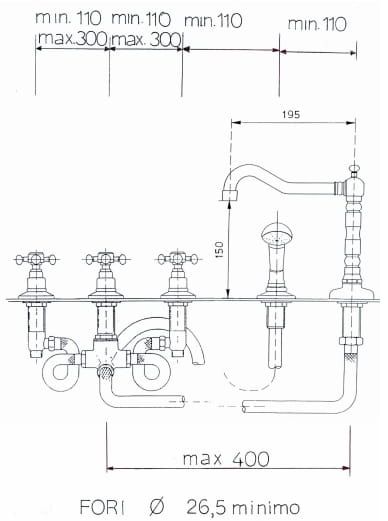 Bateria wannowa 5-otworowa wysoka Reitano Atea R388 bronzo rysunek techniczny