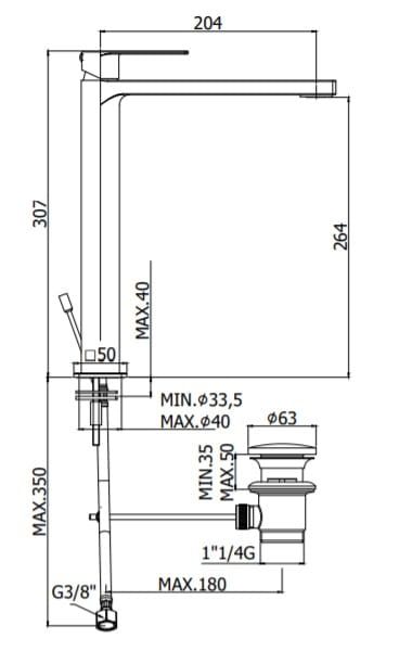 Bateria umywalkowa stojąca 31 cm z korkiem wysoka Paffoni Tango TA081KCR chrom