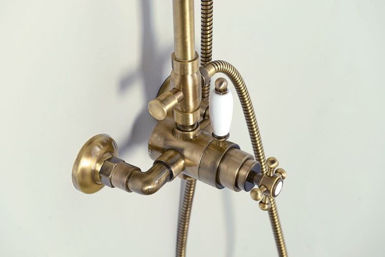 Zestaw prysznicowy Retro z okrągłą deszczownicą 20 cm, baterią termostatyczną i słuchawką prysznicową kompletny Reitano Antea 9515D-01261BR bronzo
