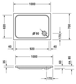 Duravit D-code brodzik prostokątny płaski 100x70 cm 720093 rysunek techniczny