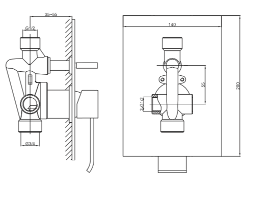 Bateria podtynkowa Kohlman Axis QW210N chrom rys. tech.