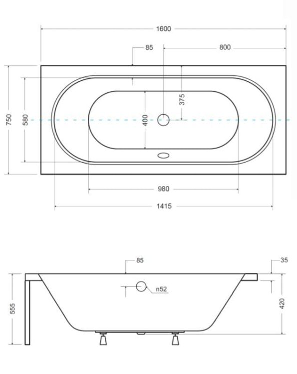 Wanna Prostokątna Vitae 160x75 cm rysunek techniczny.