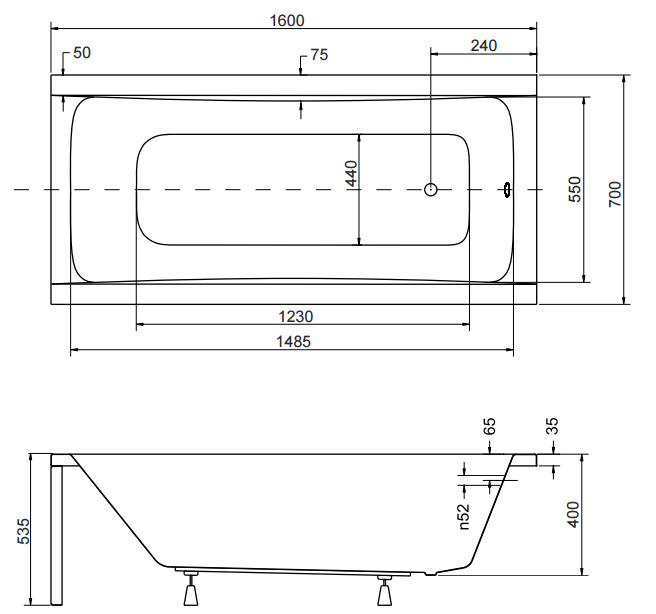 Wanna prostokątna 160x70 cm Besco Optima 160 rys. tech.