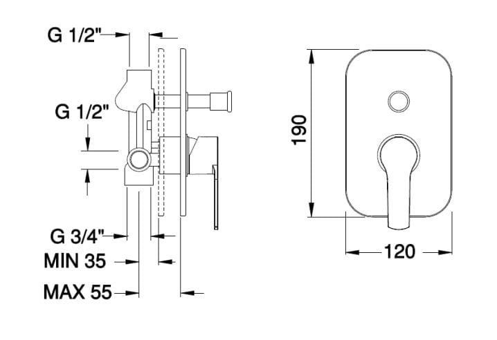 Bateria prysznicowa podtynkowa z przełącznikiem Frisone Sprint SP 00014 rysunek techniczny