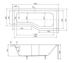 Kabino-wanna prostokątna 150x75 cm Besco Integra 150 prawa rysunek techniczny