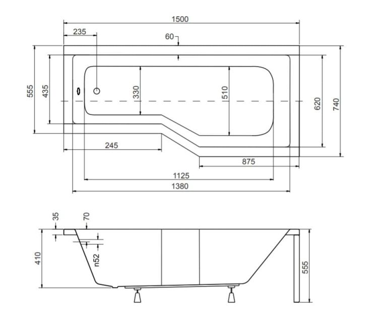 Kabino-wanna prostokątna 150x75 cm Besco Integra 150 prawa rysunek techniczny