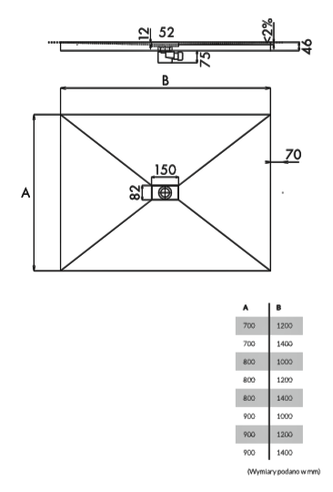 Brodzik podpłytkowy prostokątny 80x100x11,5cm Schedpol Shortline S4 z odpływem punktowym do wypełnienia kaflem 10.007/OP+10.060/SL rys.tech.