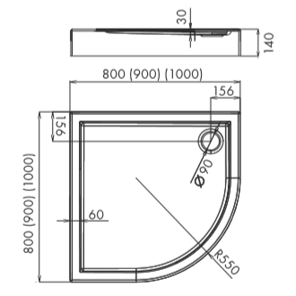 Brodzik półokrągły 90x90x14cm Schedpol Competia 3.0164 R55 rys.tech.