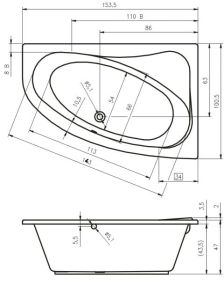 Wanna asymetryczna 153,5x100,5cm Riho Aryl B022001005 lewa biały połyskrys.tech