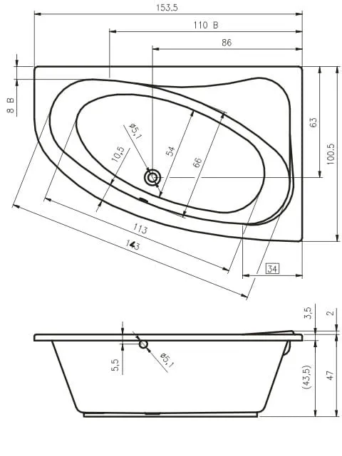 Wanna asymetryczna 153,5x100,5cm Riho Aryl B022001005 lewa biały połyskrys.tech